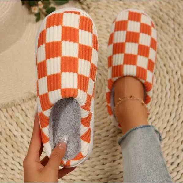 Women's Fluffy Preppy Checkered Slippers Fuzzy House Bedroom Closed Toe Slippers