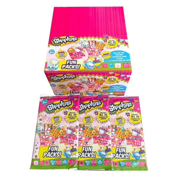 3 Shopkins Fun Packs. 5 character cards, 1 sticker + 1 pop-up card per pack Collect them all! Once you shop,  you can't stop!