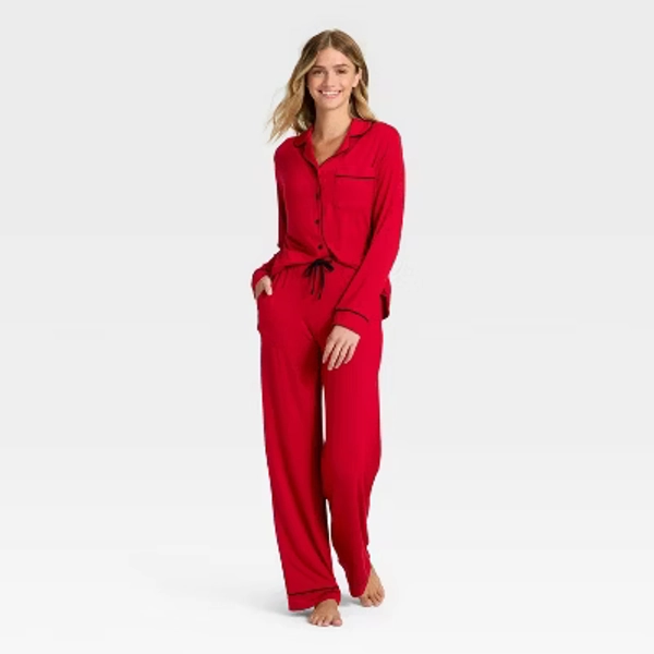 Women's Cloud Knit Modal Long Sleeve Notch Collar Top and Pants Pajama Set - Auden™ Red M