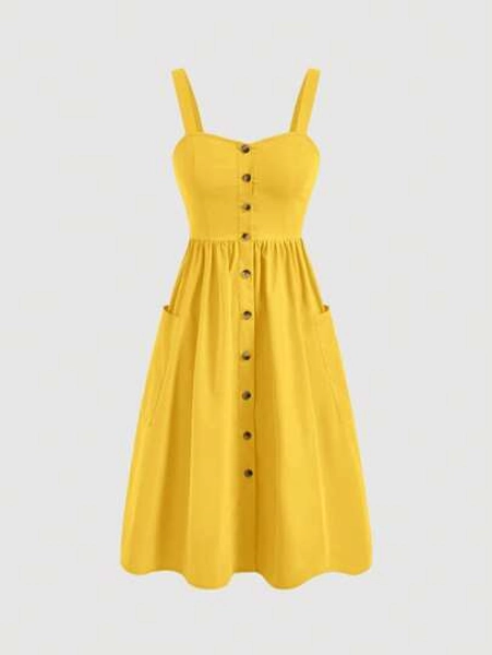 SHEIN MOD Women's Solid Color Button Design Pocket Casual Strap Dress,Bohemia