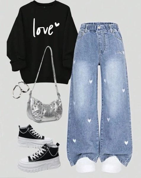 SHEIN Teen Girl Y2k Embroidered Heart Denim Jeans