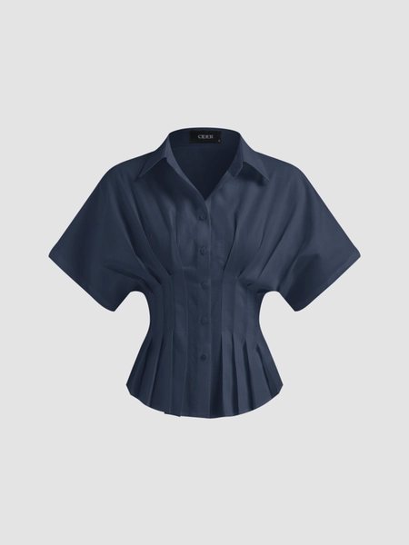 Linen-blend Collar V-neck Pleated Short Sleeve Shirt