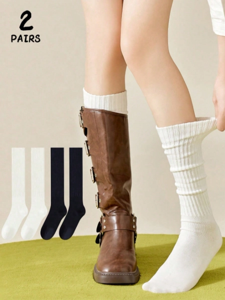2 Pairs Set Women's Black & White Simple Slim Calf Socks, Warm Long Socks For Daily Wear With Leather Shoes, Festival Gift. Christmas Gift