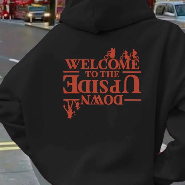 Casual Hooded Sweatshirt | Welcome to the Upside World Print, Long Sleeve Pullover, Fashionable Autumn 2025, All-Season Wear