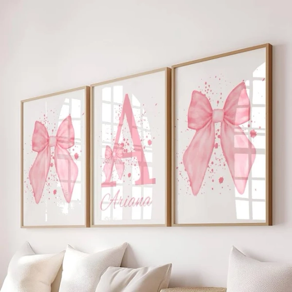 Custom Pink Bow Wall Art Set of 3 Prints