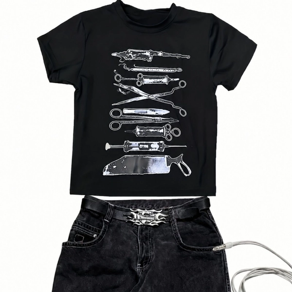 Women'S Black Cropped T-Shirt Surgical Tools Graphic Print Short Sleeve Casual Streetwear Top