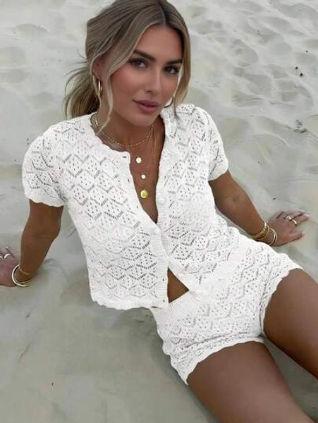 Women's Summer Vacation Set, Crochet Mesh Sexy Hollow Out Beach Short Sleeve Knit Cover Up + Shorts 2 Pieces Set - Women's Vacation 2 Pieces Set, Crochet Cover Up Nightclub Outfit, Women's Sexy Fitted Style White - Size S