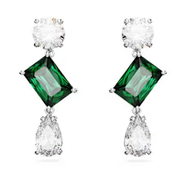 Mesmera drop earrings, Mixed cuts, Green, Rhodium plated