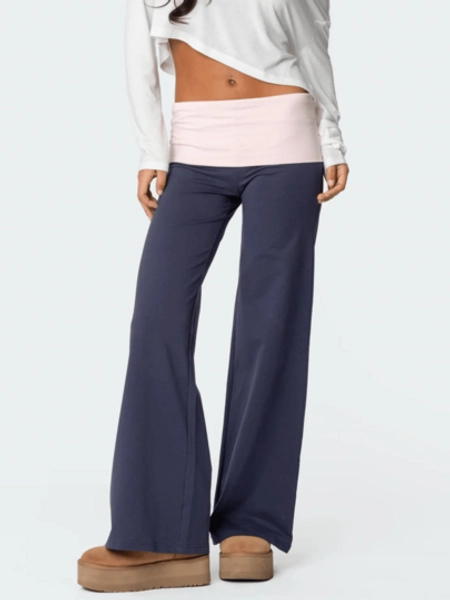 Womens Y2k Fold Over Elastic Casual Pants Stylish Low Waist Wide Leg Trousers Fashion Contrasting Color Yoga Pants Lightweight Comfy Lounge Sweatpants