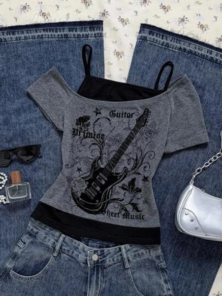 Attitoon Women's Casual Retro Punk Gothic Guitar & English Thorn Rose Print Contrast Color Short Sleeve T-Shirt, Y2K Style, Suitable For Street Wear,Off The Shoulder Top