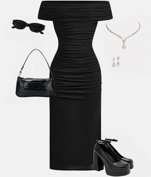 SHEIN Off-Shoulder Pleated Mesh Bodycon Midi Dress