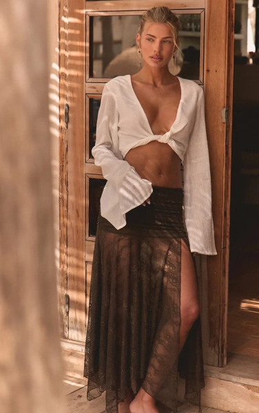 White Cheesecloth Twist Plunge Flare Sleeve Top