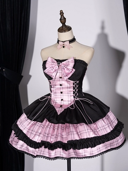 [£50.60]Lace-up Details Basque Waist Sweet Black and Pink Idol Lolita Strapless Plaid Dress