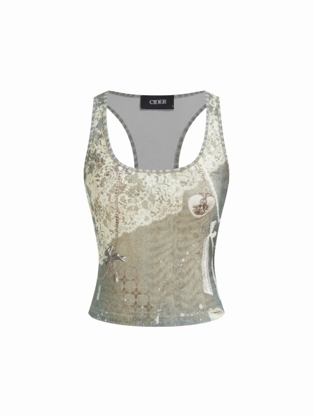 Cotton-blend Scoop Neckline Abstract Graphic Appliques Tank Top