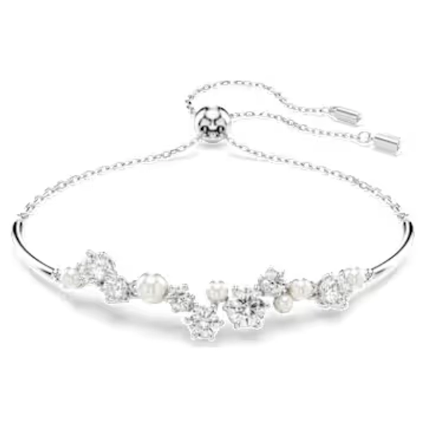 Constella bangle, Crystal pearl, Round cuts, White, Rhodium plated