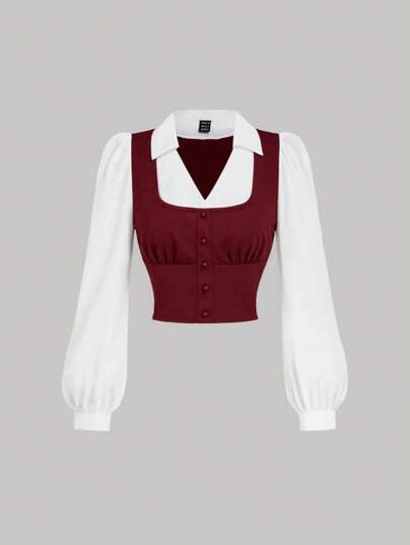 SHEIN MOD Turndown Collar Long Sleeve Contrast Color Chest Ruched Burgundy & White Contrast Color Shirt,White Shirts,Button Down Blouse,Long Sleeve Women Shirts,Collared Women Shirt,Work Women Shirts,Dressy Shirts,V Neck Shirt,Blusas Elegante Para Mujer,Red Top,Christmas