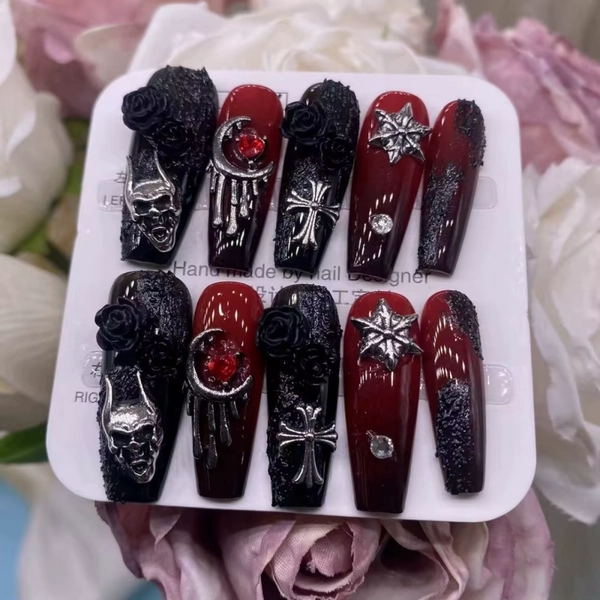 Gothic Black Red Halloween Press On Nails 10pcs