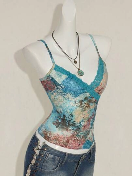 SHEIN ICON Vintage Floral Print Sleeveless Strap Top, Summer Casual