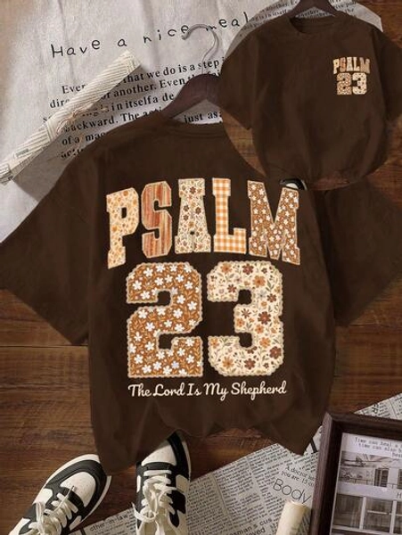 Women's Casual Round Neck Short Sleeve T-Shirt With Psalm 23 "The Lord Is My Shepherd" Bible Verse Graphic, Retro Fall Faith Design, Suitable For Autumn/Winter