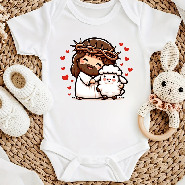 Mameluco para bebé de manga corta y cuello redondo con estampado de dibujos animados de Jesús y el Cordero, suave, transpirable, de fácil cambio de pañal, diseño duradero de botones a presión, body mameluco para bebé niño y niña, ropa de exterior para bebé 100 % algodón, apto para recién nacido.
