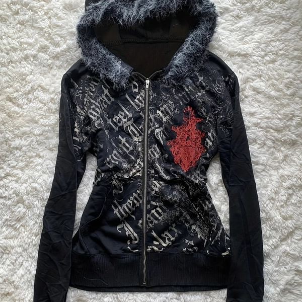 [Gothic Heart Print Hoodie] Women's Gothic Lettering & Heart Print Full-Zip Hooded Jacket - Full-Zip Front Closure, Full-Zip Outerwear with Full-Zip Closure, Machine Washable, All-season Casual & Formal Outerwear For Women, Ladies Jackets, Versatile Clothing, Y2k Fashion
