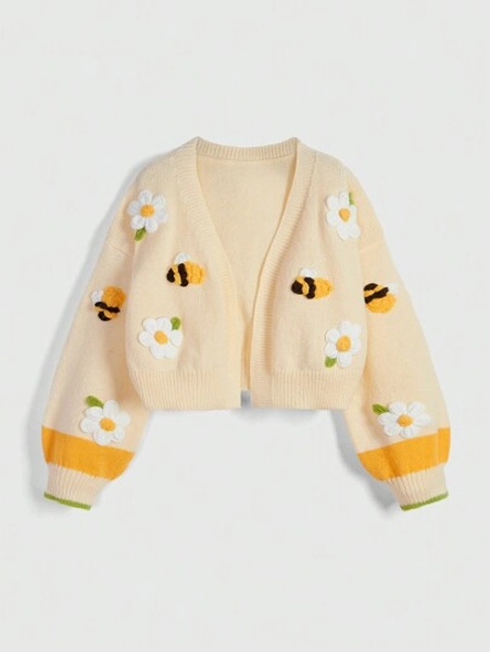 ROMWE Fairycore Plus Size Cute Countryside Color-Block 3D Flower & Bee Embroidery Lantern Sleeve Cardigan Sweater Coat, For Winter