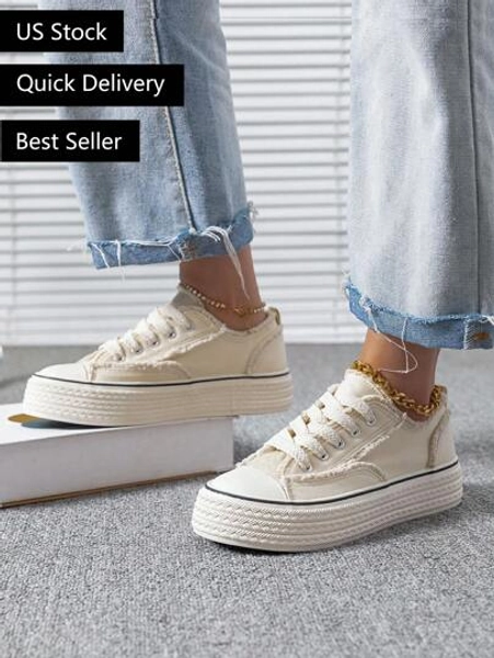 Women's Fashion All-Match Spring, Summer And Autumn Outdoor White Lightweight Lace-Up Round-Toe Canvas Flat-Soled Non-Slip Comfortable Casual Shoes Sports Running Shoes 35-41 Size