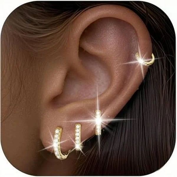 18K Gold Plated Cubic Zirconia Huggie Earrings (4 Pairs)
