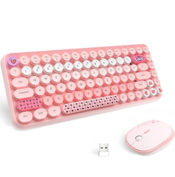 LexonElec 308i Pink Wireless Keyboard and Mouse Set, Retro Typewriter with Cute Gradient Round Keycaps, Soft Touch Keyboard, for