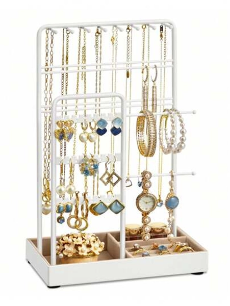 SONGMICS Jewelry Holder, Jewelry Organizer, Jewelry Display Stand With Metal Frame And Velvet Tray, Necklace Earring Bracelet Holder, For Studs, Rings, Gift Idea, 4.5"D X 7.7"W X 12.1"H, Gold Color, White, Black Back To School Dormitory Storage, Bedroom Decor