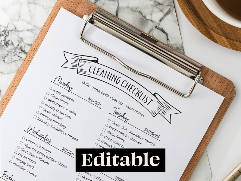 Minimalist Cleaning Checklist Printable , Weekly Cleaning Schedule, Minimalist Organization, Editable Cleaning Checklist