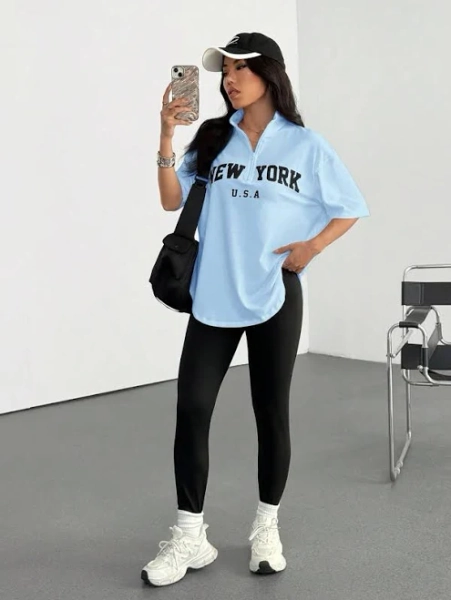 SHEIN Women's New Letter Embroidery T-Shirt and Leggings Set