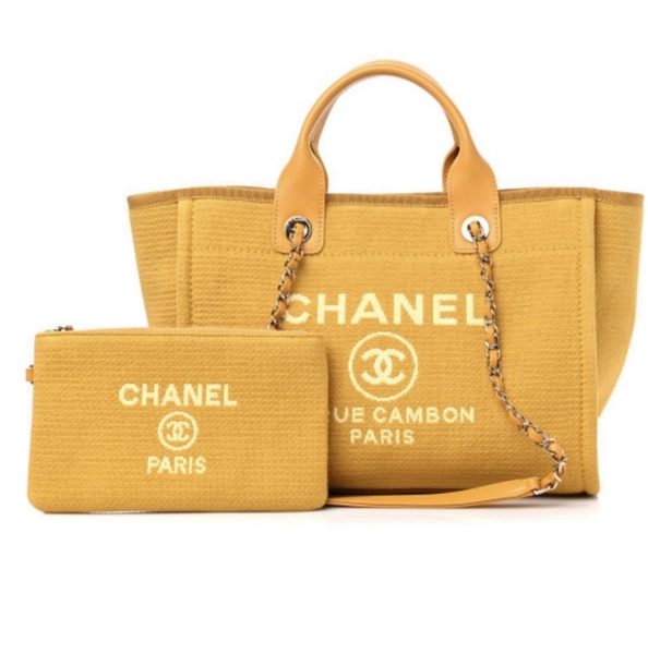 Chanel Deauville Small Shopping Tote Yellow Canvas HandBag Leather Strap + Pouch