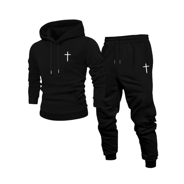 2pcs Men's Black Hoodie & Jogger Set - Minimalist Wing Logo Matching Tracksuit, Hooded Sweatsuit with Pockets, Machine Washable Winter Warmth, Casual Athleisure Outfit for Gym, Lounge & Casual Attire