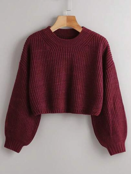 EMERY ROSE Solid Drop Shoulder Crop Sweater,Long Sleeve Tops Knit Pullover Fall Winter Outfit