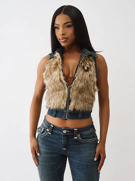 FAUX FUR DENIM VEST