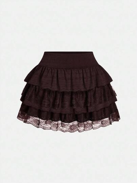 Sweetra Plus Size Women Solid Color Multi-Layer Lace Patchwork Versatile Skirts