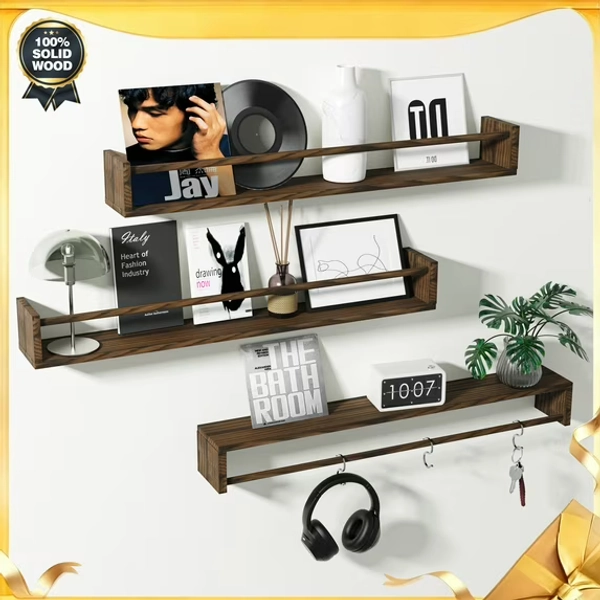 MEHOOM Book Shelves, 23.6 Inch Floating Bookshelves for Wall Set of 3, Rustic Farmhouse Decor, Solid Wood Wall Mounted Shelves for Books, Toys and Decor Storage