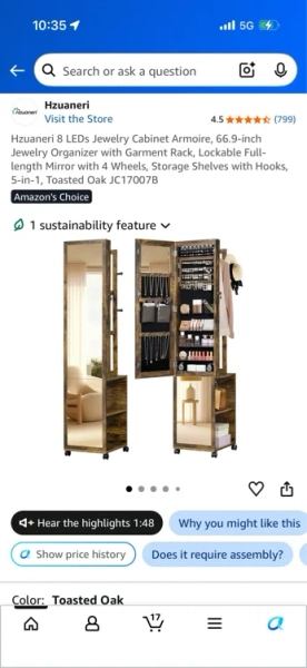 Amazon.com: Hzuaneri 8 LEDs Jewelry Cabinet Armoire, 66.9-inch Jewelry Organizer with Garment Rack, Lockable Full-length Mirror with 4 Wheels, Storage Shelves with Hooks, 5-in-1, Toasted Oak JC17007B : Clothing, Shoes & Jewelry