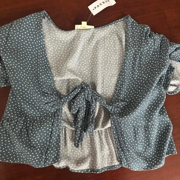 L.A. Hearts blue and white polka dot blouse with tie...