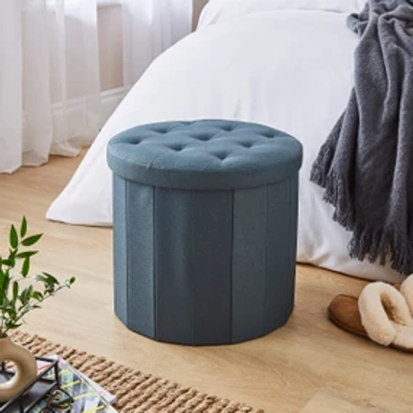 Faux Linen Round Ottoman