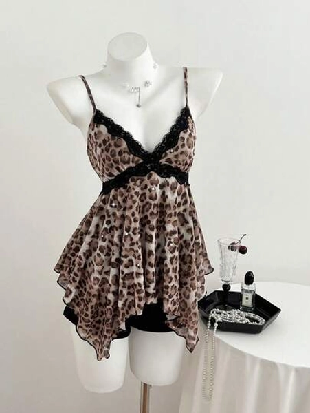 Elamini Yk2 Leopard Print Lace Trim Asymmetric Hem Women Tank Top