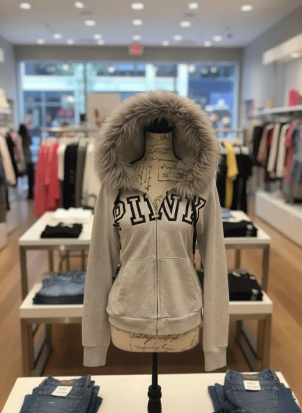 Grey fur hooded jacket – oversized zip hoodie Y2K goth streetwear / fur hood zip hoodie vintage style