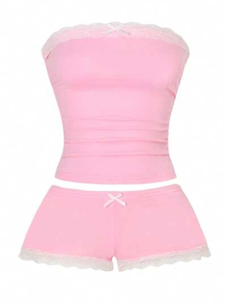 INAWLY 2pcs/Set Pink Lace Patchwork Fitted Crop Top And Shorts