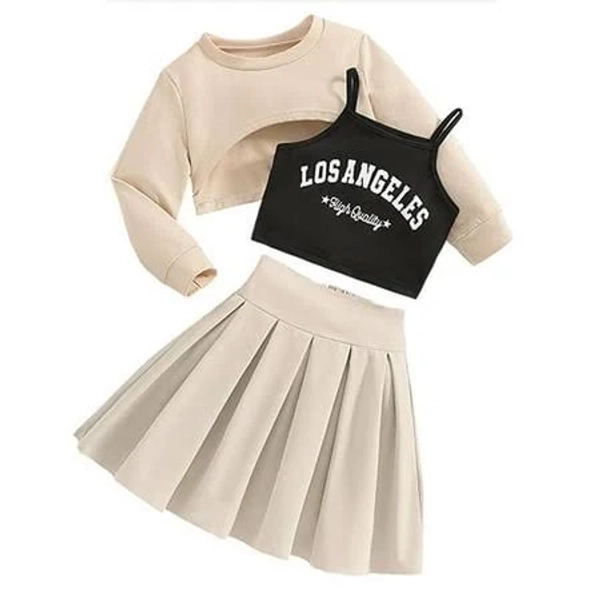 Afdoent Girls Outfits Casual Summer Outfit Round Neck Long Sleeve Top With Letter Print And Solid Color Short Skirt Set For Teen Girls Fashion Clothes