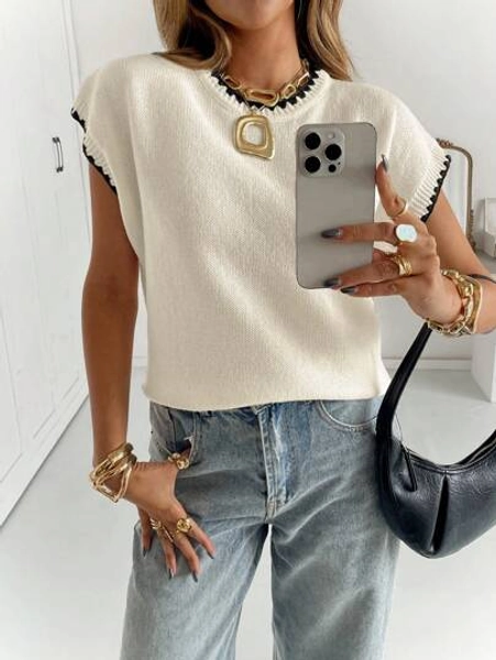 Siren Gaze Women's Contrasting Color Trim Round Neck Short Sleeve Casual Versatile Knitted Top Fall Tops,Knitted Sweater Summer