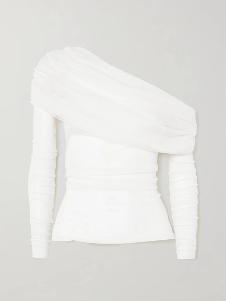 Off-the-shoulder gathered silk-tulle top - white - UK 4