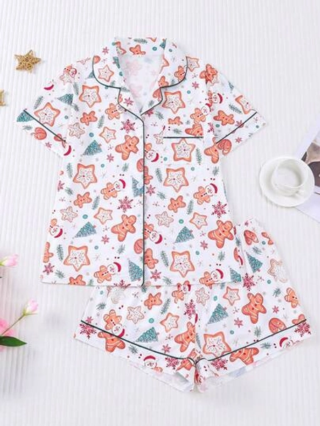 2pcs Christmas Themed Print Women Pajama Set, Casual Short Sleeve Collared Cardigan Top And Elastic Waist Shorts, Comfortable Sleepwear And Loungewear Set For Women, Suitable For Spring, Autumn