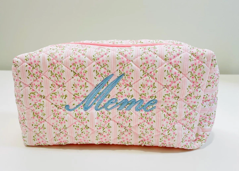 Personalized Floral Quilted Makeup Bag: Embroidered Cosmetic Gift