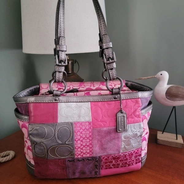 Coach F12864 Patchwork Tote Pink Silver Pewter Metallic Jacquard Leather Bag Y2K